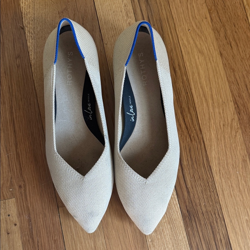 Rothy's Pointed Ballet Flats in Cream with Blue Trim